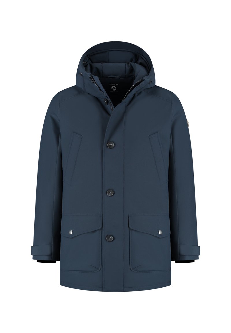 Marineblauwe winterparka met capuchon, knoop- en ritsluiting, twee borstzakken en twee klepzakken met drukknoop.