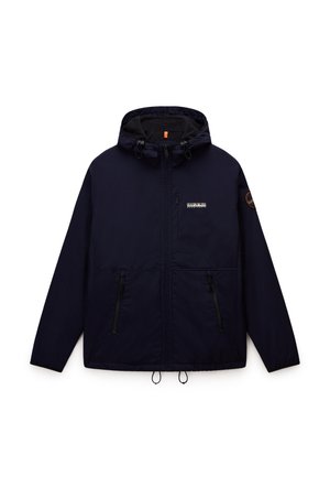 Giacca con cappuccio blu navy con cerniera frontale, due tasche laterali con cerniera, cordini regolabili per il cappuccio e patch marchiati sul petto e sulla manica.