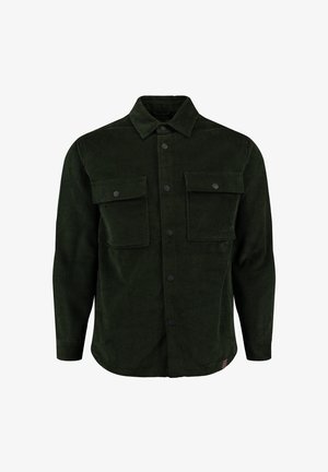 Camisa de pana verde oscuro con un cuello abotonado, dos bolsillos frontales y botones a presión negros. Tejido texturizado con un sutil relieve.