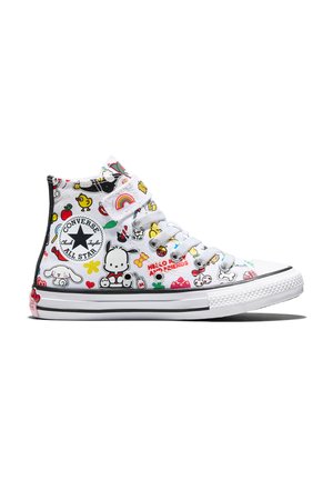 Baskets montantes Converse blanches avec des personnages de dessins animés colorés, des arcs-en-ciel et le texte « Hello and Friends » imprimés sur tout le tissu.