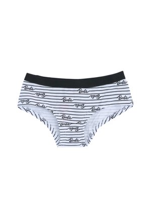 Culotte en coton blanc avec des rayures horizontales noires et le texte "Barbie" répété. Présente une taille élastique noire. Texture douce.