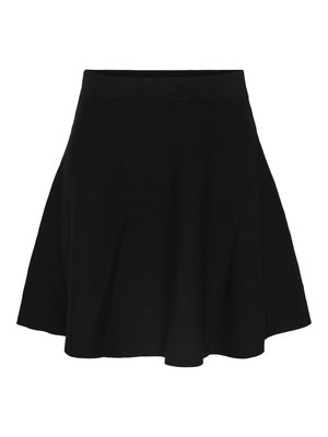 Black flared skirt with elastic waistband, knee-length, made of soft fabric, displayed on a white background.