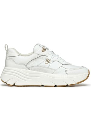 White leather sneaker with textured panels, rounded toe, and a thick rubber sole. Features decorative silver hardware and lace-up design.