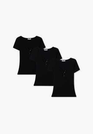 T-shirt neri a V in confezione da tre, con maniche corte e una patta con tre bottoni al collo. Tessuto liscio, forma aderente.