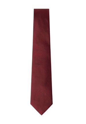 Burgundy necktie with a pattern of small evenly spaced white dots, displayed flat on a white background.