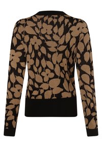 Maglione lavorato a maglia con motivo floreale in nero e marrone, dotato di scollo rotondo e maniche lunghe con polsini e orlo a coste neri.