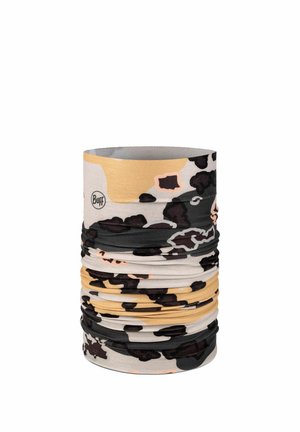 Multifunctional tubular buff neck gaiter with abstract beige, black, and peach camouflage pattern, made of stretchy fabric.