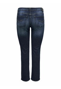 Dark blue denim jeans with a slim fit, mid-rise waist, and back pockets adorned with yellow stitching. Features a classic five-pocket design.
