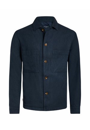 Marineblaues Leinenhemd-Jackett mit durchgehender Knopfleiste, zwei Brusttaschen und braunen Holzknöpfen als Akzenten.