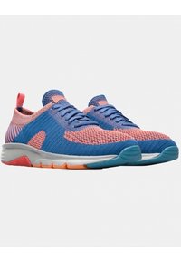 Blue and pink athletic shoes with a textured knit upper, featuring a cushioned sole and contrasting rubber accents. Laced design with a tab.