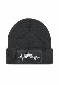Black knitted beanie with a fold-over cuff, featuring a white tractor graphic and heartbeat line on a rectangular patch.