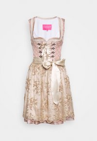 Robe traditionnelle avec un corsage jacquard rose, devant lacé, et une jupe beige brodée ornée de motifs floraux et de sequins.