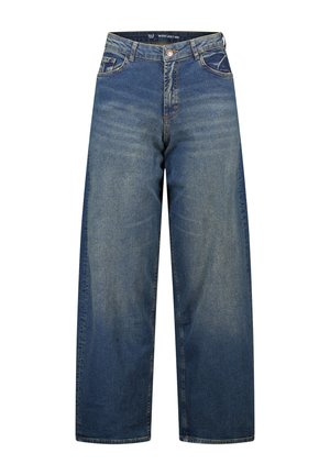 Wijde blauwe spijkerbroek met knoopsluiting en rits aan de voorkant, riemlussen en een ontwerp met vijf zakken, maat 40.