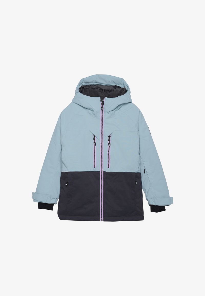 Light blue and dark gray winter jacket with a hood, two front zippers, elastic cuffs, and purple detailing. Smooth texture and insulated design.