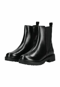 Botas de tobillo de cuero negro con cremallera lateral, panel elástico, tiradores y detalle en el tacón texturizado sobre suela robusta.
