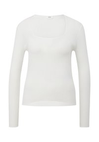 Haut blanc à manches longues côtelé avec un col carré. Confectionné dans un tissu texturé, il présente une silhouette ajustée et des coutures minimalistes.