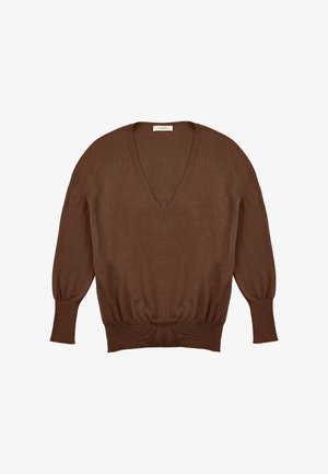 Maglione marrone leggero a maglia con scollo a V profondo, polsini arricciati e vita aderente. Texture morbida con finitura liscia.