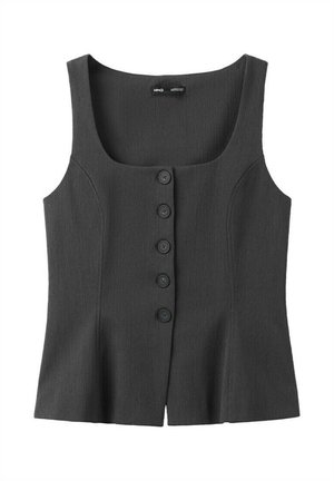 Veste sans manches gris foncé avec encolure carrée et cinq boutons noirs sur le devant, avec un ourlet légèrement évasé.