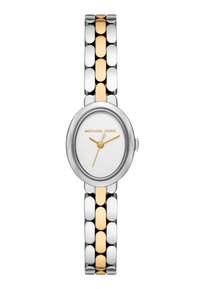 Montre Michael Kors avec un cadran ovale en argent, des accents dorés et un bracelet en métal bicolore comprenant des maillons en argent poli et en or.