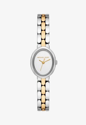 Michael Kors watch with an oval silver face, gold accents, and a two-tone metal bracelet featuring polished silver and gold links.