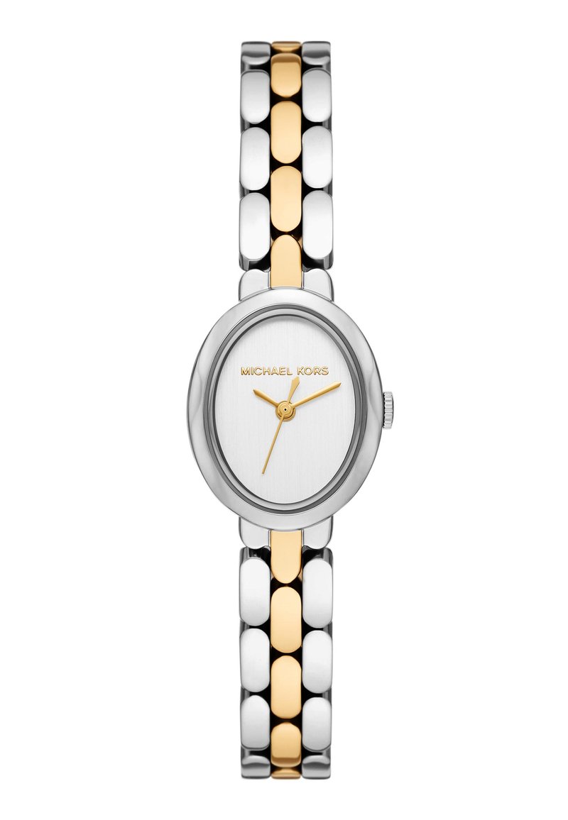 Montre Michael Kors avec un cadran ovale en argent, des accents dorés et un bracelet en métal bicolore comprenant des maillons en argent poli et en or.