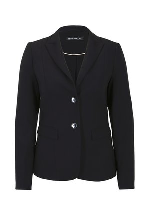 Sort blazer lavet af glat stof, med en klapkrave, to forreste lommer og tre knappelukninger med metalliske detaljer.