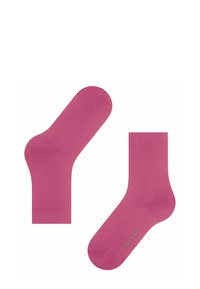 Fuchsia Socken aus glattem Stoff. Knöchelhöhe mit einem gerippten Bündchen, das dezentes Branding an der Sohle zeigt. Gleichmäßige Farbe, keine Muster.