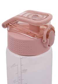 Clear plastic water bottle with a pink lid and textured grip. Features a flip-top cap and measurement markings on the body.