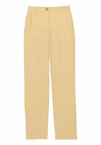 Pantalons jaune clair à jambe droite avec une texture lisse, une taille à boutons et sans motifs ni embellissements visibles.