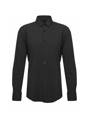 Sort langærmet skjorte med knapper, krave og manchet, vist forfra på en hvid baggrund.