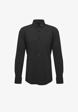 Camicia nera a maniche lunghe con bottoni, colletto e polsini, mostrata frontalmente su sfondo bianco.