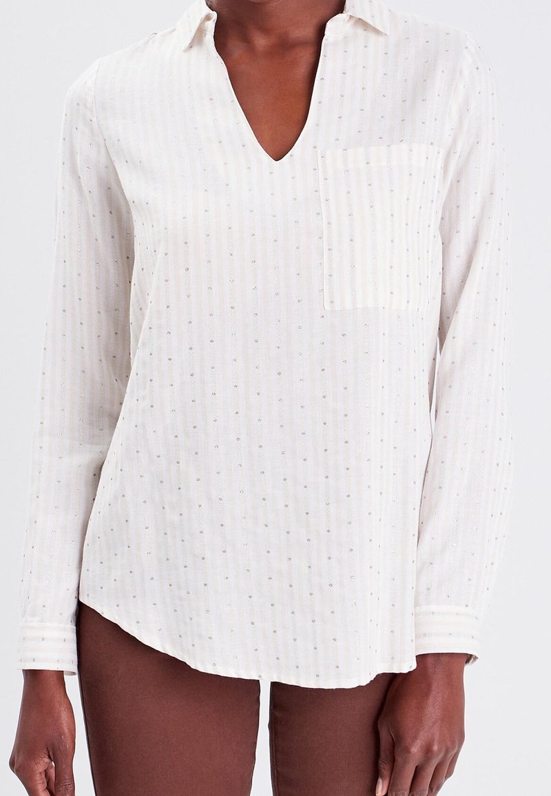 Chemise blanche à manches longues avec un col en V, poche avant, rayures verticales et petits accents à pois, fabriquée en tissu léger.