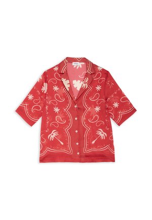 Chemise rouge à manches courtes avec boutons, motifs paisley blancs et palmiers, col cranté et coupe décontractée.