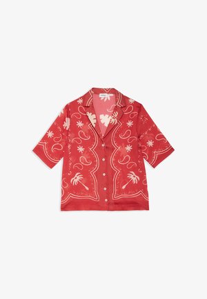 Červená krátkym rukávom košeľa na gombíky s bielym vzorom paisley a paliem, s výrezom na golieri a voľným strihom.