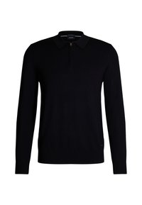 Schwarzer Strickpullover mit Reißverschlusskragen, langen Ärmeln und gerippten Bündchen. Mit einer strukturierten Oberfläche und einem Logo auf der unteren Seite.
