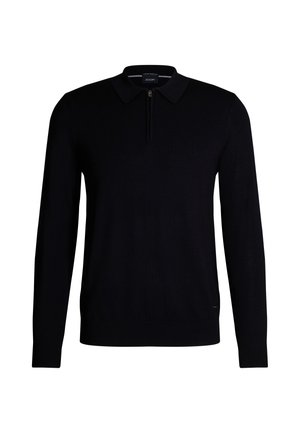 Schwarzer Strickpullover mit Reißverschlusskragen, langen Ärmeln und gerippten Bündchen. Mit einer strukturierten Oberfläche und einem Logo auf der unteren Seite.