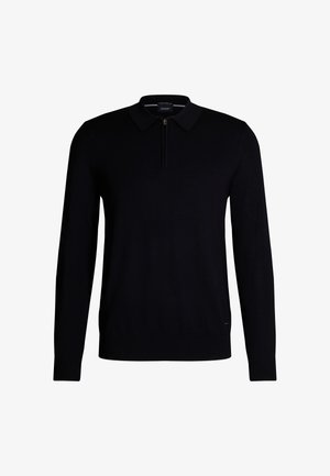 Pull-over en tricot noir avec col zippé, manches longues et poignets côtelés. Présente une finition texturée et un logo sur le bas.