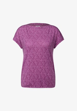 Purple short-sleeve top with a leaf pattern, made from a soft fabric. Features a round neck and relaxed fit.