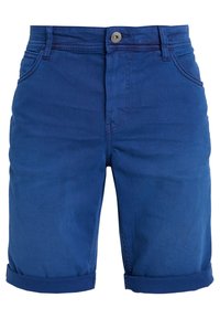 Siniset farkkushortsit, joissa on käännetyt lahkeet, etulenkki ja viisi taskua. Sileä pinta, jossa on lievää haalistumista.