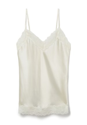 Satin cami in off-white met kant langs de halslijn en de zoom, voorzien van dunne, verstelbare bandjes. Gladde textuur en eenvoudig design.