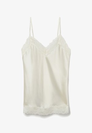 Satin cami in off-white met kant langs de halslijn en de zoom, voorzien van dunne, verstelbare bandjes. Gladde textuur en eenvoudig design.