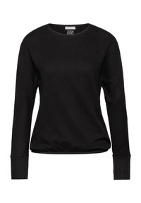 Top negro de manga larga hecho de tejido de punto texturizado. Presenta un cuello redondo, puños acanalados y dobladillo elástico para un ajuste ceñido.