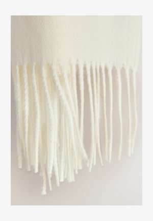 Witte wollen sjaal met een zachte textuur en lange, franje randen. De stof lijkt lichtgewicht en glad, met een natuurlijke, romige kleur.