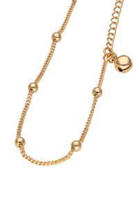 Náhrdelník se zlatým tónem, který obsahuje řetězový design se střídajícími se hladkými sférickými korálky a zvonkovým přívěskem, který má lesklý povrch.
