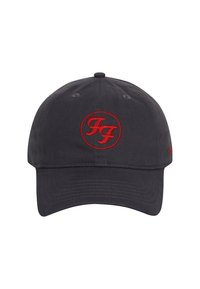 Dark grey baseball cap made of cotton with a curved brim, featuring a red embroidered logo in the center and subtle ventilation holes.