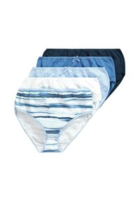 Fyra par kvinnliga bomullsunderkläder i nyanser av blått, inklusive en randig design. Varje par har en mjuk, elastisk midjeband och rosetter.