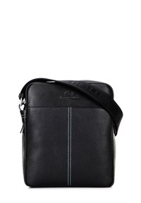 Borsa a tracolla in pelle nera con una finitura texture, caratterizzata da accenti di cucitura blu e una tracolla regolabile. Logo frontale impresso.