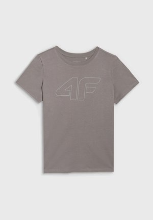 Szara koszulka z krótkim rękawem, okrągłym dekoltem i dużym konturowanym logo "4F" na środku klatki piersiowej.