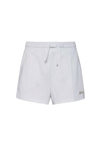 Pantaloni corti bianchi in morbido tessuto, con vita elasticizzata e cordoncino, tasche laterali e un piccolo dettaglio con logo dorato.