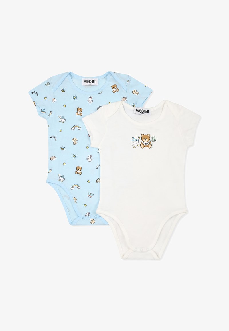Due bodysuit per bambini: uno di colore azzurro chiaro con motivi di animali e stelle, l'altro bianco con una grafica di un orso. Entrambi hanno maniche corte e chiusure a scatti.